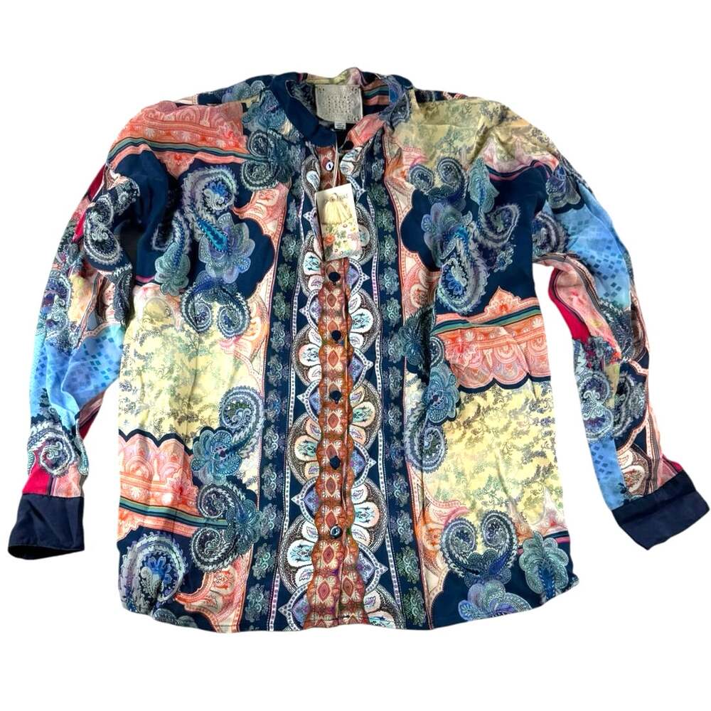 Johnny Was Onda Button Down Shirt XS Boho Floral Patchwork Viscose Silk Blouse